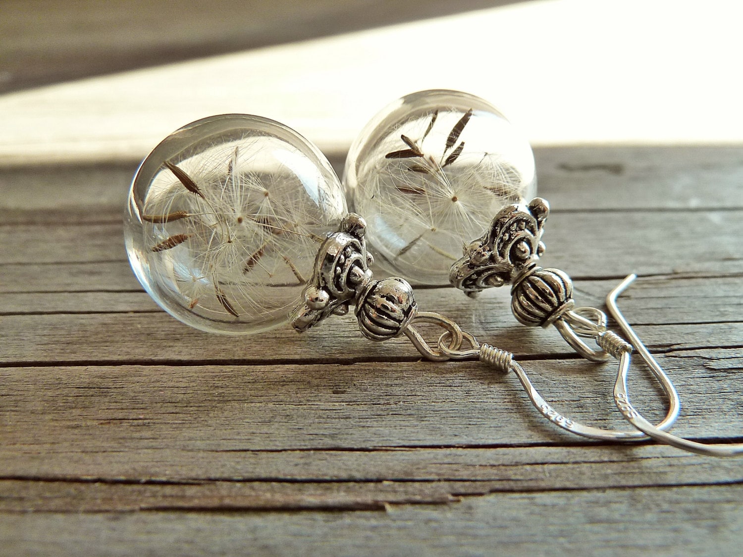 Pusteblumen Ohrringe 925 Silber Ohrhaken Dandelion Earrings Silberschmuck Glaskugelschmuck Glücksbringer Blütenschmuck Make A Wish von VillaRosaSchmuck