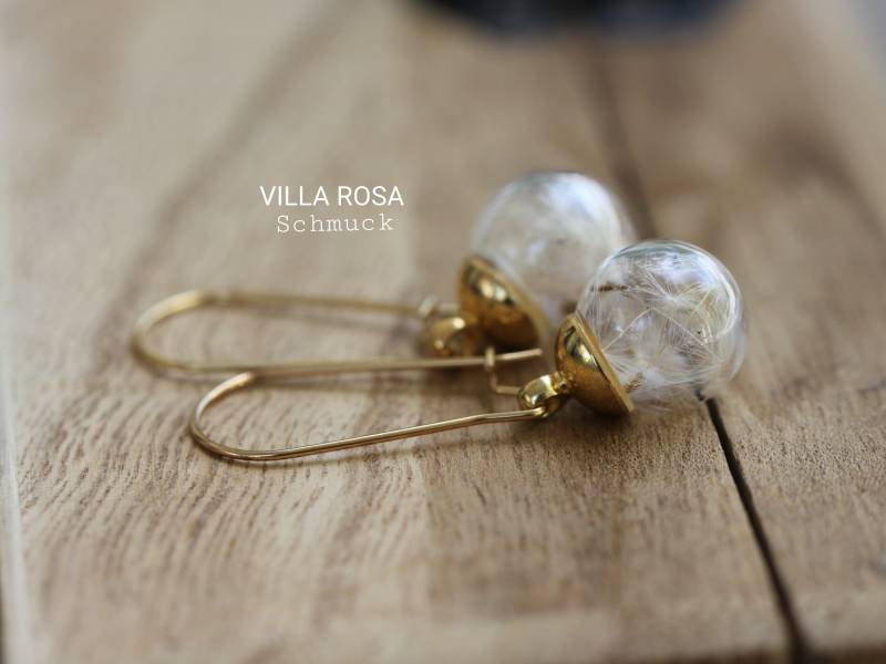 Pusteblumen Ohrringe Kugel 12mm Klein Wünsch Dir Was Edelstahl Nickelfrei Gold Glaskugelschmuck Glücksbringer Dandelion Make A Wish von VillaRosaSchmuck
