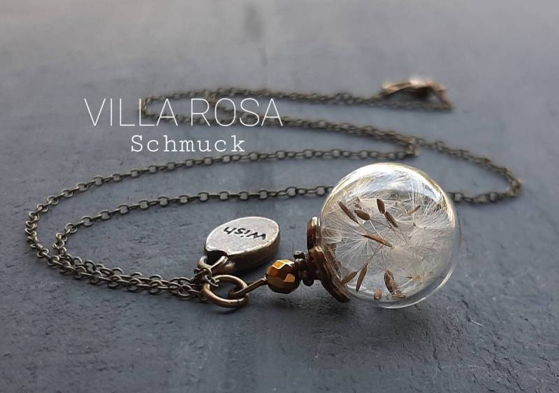 Pusteblumenkette Wünsch Dir Was Kette Glücksbringer Lucky Charm Naturschmuck Dandelion Seeds Geschenk Messing Antik Bronze von VillaRosaSchmuck