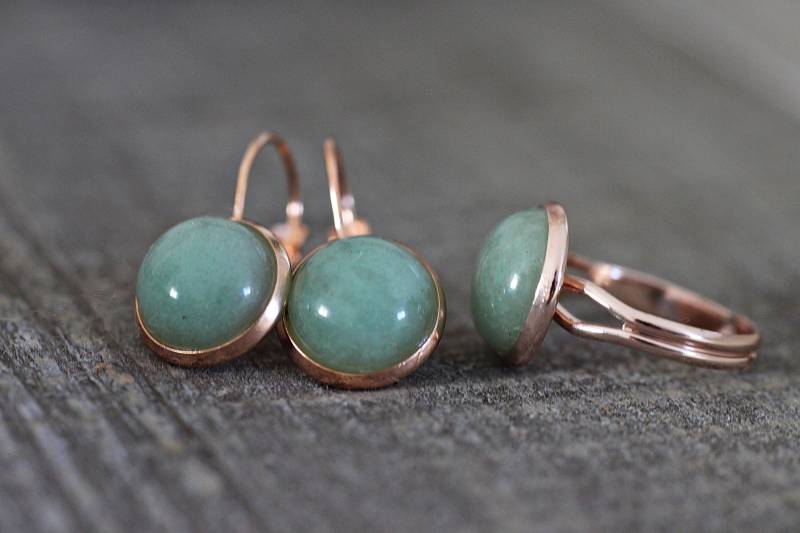 Schmuckset Aventurin Rosegold Schmuck Ohrhänger Fingerring Grün Edelsteinschmuck Rose Gemstone Jewellery Set Green Edelstein von VillaRosaSchmuck