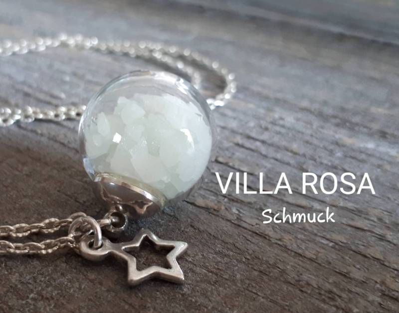 Silberkette Fluoreszierend Kette Mond Stern Leuchtende Silberschmuck Glaskugelschmuck Glow in The Night Silver Necklace Moon Star von VillaRosaSchmuck