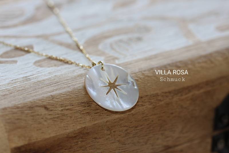 Zarte Vergoldete Kette Mit Schimmerndem Perlmutt-Anhänger & Sternsymbol 925 Silber 24K Vergoldet Summer Feeling Für Dich Hypoallergen von VillaRosaSchmuck