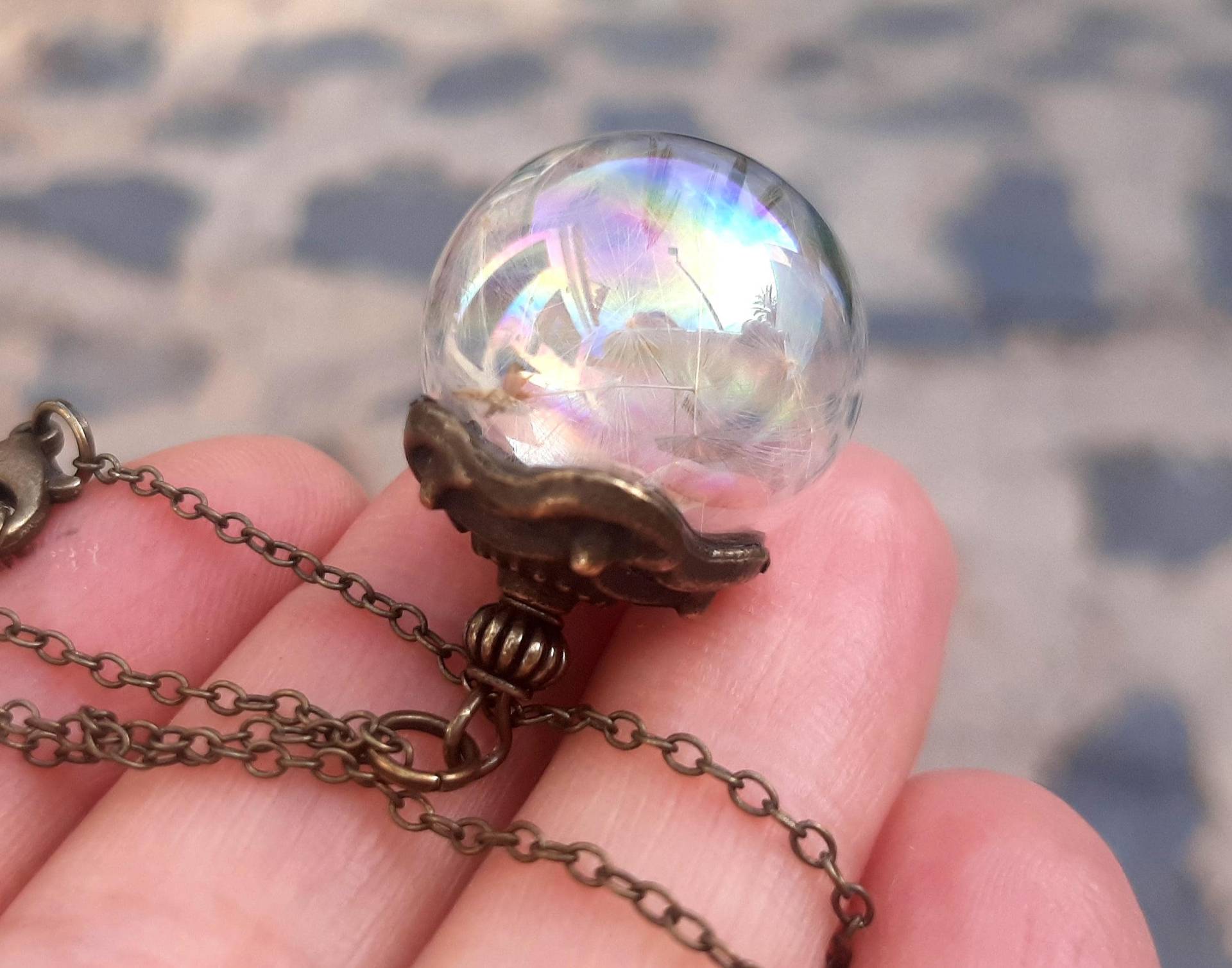 Zauberkugel Pusteblumenkette Bronze Dandelion Vintage Style Boho Jewelry Handgemacht Glaskugelschmuck Make A Wish Wünsch Dir Was von VillaRosaSchmuck
