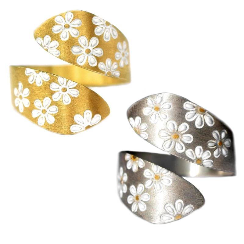 Gänseblümchen Wickelring. 925 Silber Oder Vermeil Gold. Weisse Emaille von VillaSorgenfrei