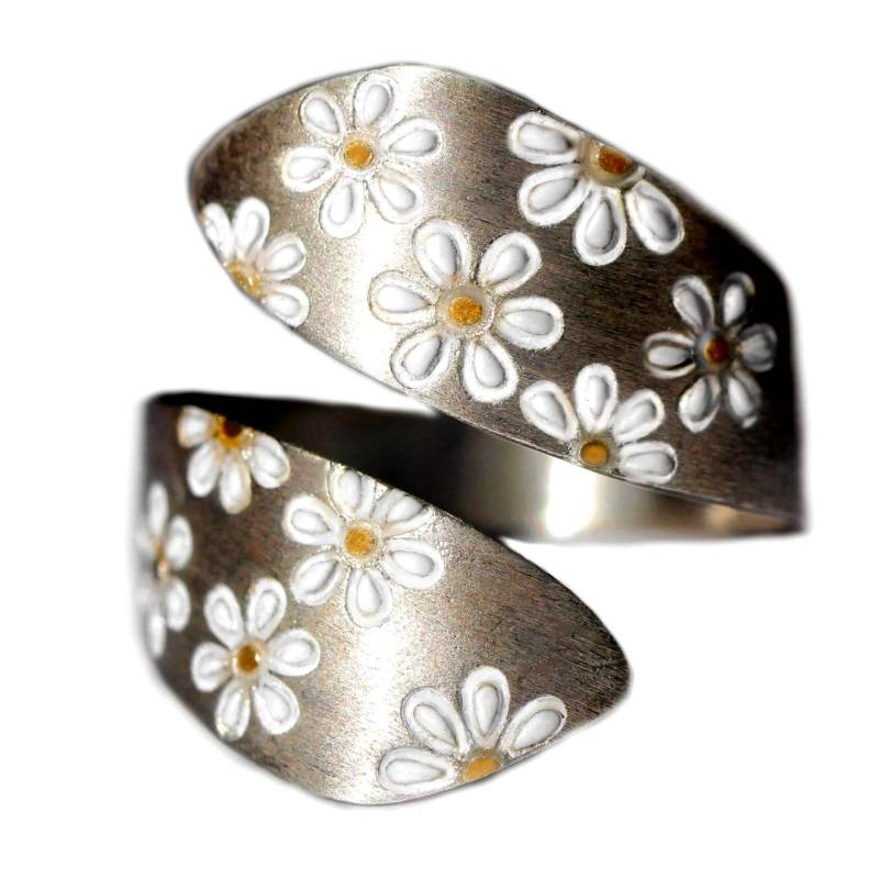 Gänseblumen Wickelring. 925 Sterling Silber & Emaille. Naturinspirierter Ring, Größenverstellbar von VillaSorgenfrei