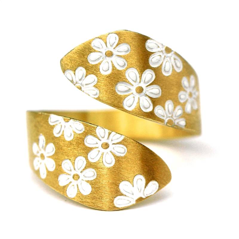Gänseblumen Wickelring. 925 Sterling Vermeil Gold & Emaille. Naturinspirierter Ring, Größenverstellbar von VillaSorgenfrei