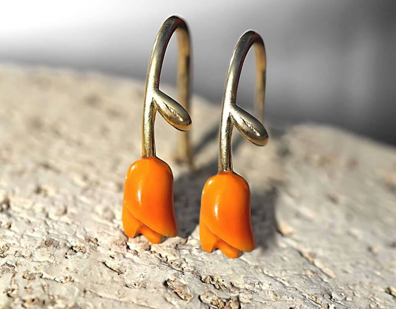 Kleine Tulpen Ohrringe. 925 Sterling Vermeil Gold Und Orangene Emaille Kleine Tulpen Ohrringe. 925 Sterling Vermeil Gold Und Orangene Emaille von VillaSorgenfrei