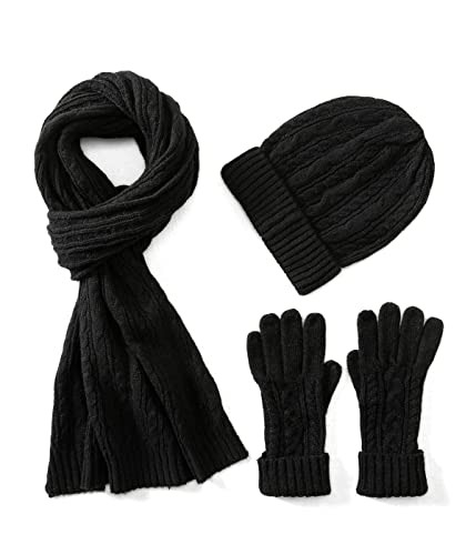 Villand 3 in 1 Damen Wolle Mütze, Schal & Handschuh Winter Sets, 3-teilige Zopfstrickmütze für Damen mit Geschenkbox (Schwarz) von Villand