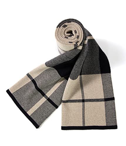 Villand Australischer Merinowolle Tartan Strickschal für Herren, karierte Winterwarme dicke weiche Halsbekleidung mit Geschenkbox, 180 × 30 cm (Kamelgrau Kariert) von Villand