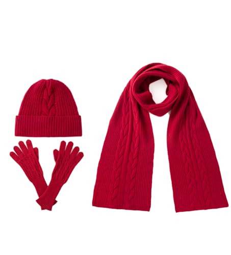 Villand Damen 3-teiliges Set aus 100% reinem Kaschmirschal, Hut und Handschuhen, Winter-Set mit Zopfmuster und Geschenkbox. (Rot) von Villand