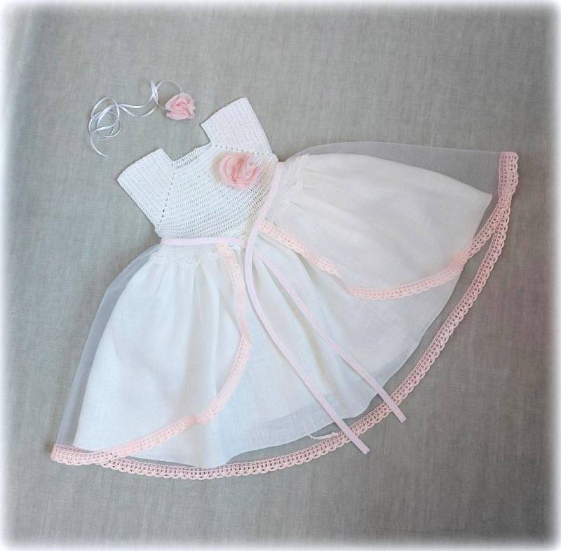 Taufkleid Handarbeit Aus Leinen Und Baumwolle Wählbat Mit Tüllrock von VilmaKenti