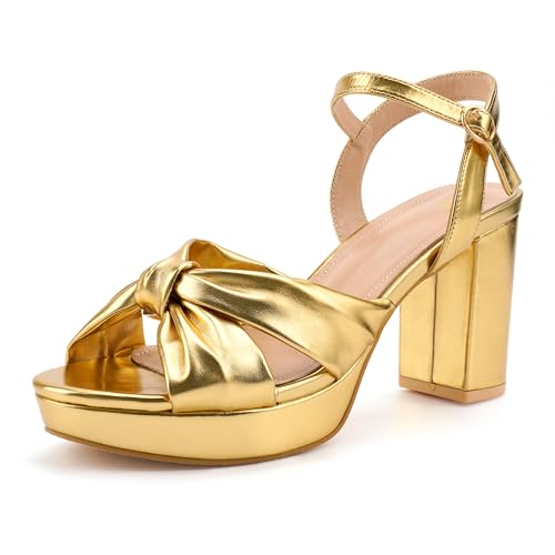 Viloporlor Damen Chunky Plateau Heels mit verstellbarem Knöchelriemen - Offener Zehenbereich Bowknot Blockabsatz Riemchensandalen Hochzeit Party elegante Schuhe Sommer Sandalen, Gold PU, 39.5 EU von Viloporlor