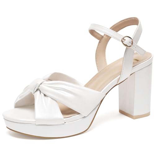 Viloporlor Damen Chunky Plateau Heels mit verstellbarem Knöchelriemen - Offener Zehenbereich Bowknot Blockabsatz Riemchensandalen Hochzeit Party elegante Schuhe Sommer Sandalen, Weißes Pu, 39.5 EU von Viloporlor