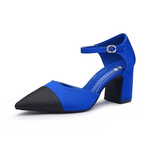 Viloporlor Damen Pumps mit Blockabsatz, Patchwork, spitzer Zehenbereich, Knöchelriemen, 7,6 cm, Kleid Schuhe für Büro, Hochzeit und Party, Königsblau und Schwarz, 41 EU von Viloporlor