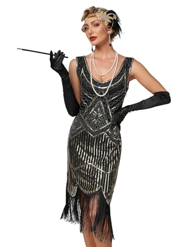 VILOREE 1920 Pailletten verschönert Quasten Falten Flapper Damen Mini Kleid Party Gastby Motto Gold Schwarz 2XL von VILOREE