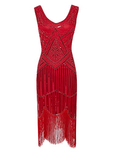 VILOREE 1920 Pailletten verschönert Quasten Falten Flapper Damen Mini Kleid Party Gastby Motto Rot 2XL von VILOREE