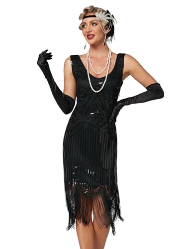 VILOREE 1920 Pailletten verschönert Quasten Falten Flapper Damen Mini Kleid Party Gastby Motto Schwarz 2XL von VILOREE