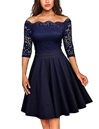 VILOREE 50s Rockabilly Retro Damen Kleider Halbarme Swing Cocktailkleider Party Abschlussball Navy S von VILOREE