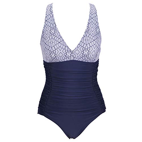 VILOREE Damen Bademode Einteiler Badeanzug Monokini Geraffte Bauchweg Schlankheits mit Rüschen V Ausschnitt Navy-2 M von VILOREE