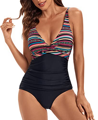 VILOREE Damen Monokini Bauchweg Schlankheits Badeanzug Plus Size Badebekleidung Bauchweg für Mollige Bunte Streifen S von VILOREE