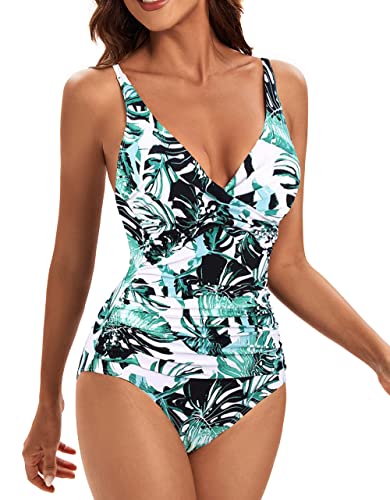 VILOREE Damen Monokini Bauchweg Schlankheits Badeanzug Plus Size Badebekleidung Bauchweg für Mollige Blätter L von VILOREE