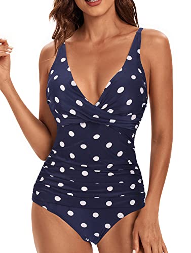 VILOREE Damen Monokini Bauchweg Schlankheits Badeanzug Plus Size Badebekleidung Bauchweg für Mollige Blau mit Weisse Punkte M von VILOREE