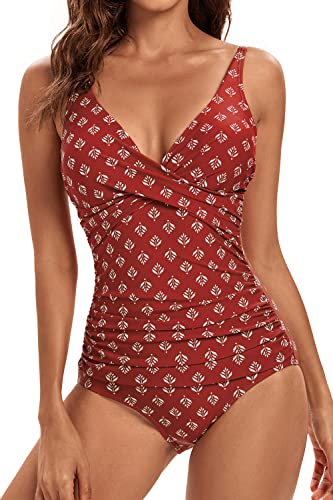 VILOREE Damen Monokini Bauchweg Schlankheits Badeanzug Plus Size Badebekleidung Bauchweg für Mollige Rot mit blätter Druck M von VILOREE