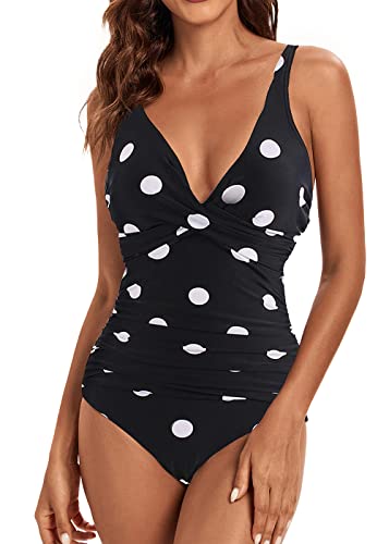 VILOREE Damen Monokini Bauchweg Schlankheits Badeanzug Plus Size Badebekleidung Bauchweg für Mollige Schwarz mit Groesse Weisse Punkte L von VILOREE