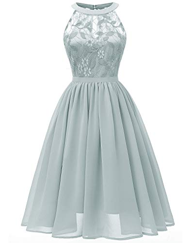 VILOREE Damen Neckholder Floral Spitze Brautjungfern Partykleid Ärmellos Cocktail Kleid Airy Blau L von VILOREE