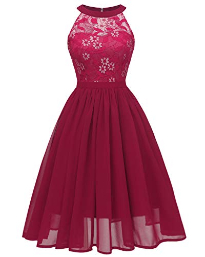 VILOREE Damen Neckholder Floral Spitze Brautjungfern Partykleid Ärmellos Cocktail Kleid Burgundy L von VILOREE