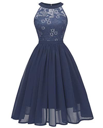 VILOREE Damen Neckholder Floral Spitze Brautjungfern Partykleid Ärmellos Cocktail Kleid Navy 2XL von VILOREE