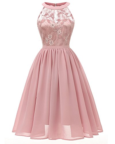 VILOREE Damen Neckholder Floral Spitze Brautjungfern Partykleid Ärmellos Cocktail Kleid Rosa L von VILOREE