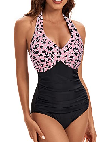 VILOREE Damen Badeanzug Einteiliger Bademode Schwimmanzug Neckholder V-Ausschnitt Rückenfrei Push Up Figurformend Bauchweg Rosa mit Blumen Druck XL von VILOREE