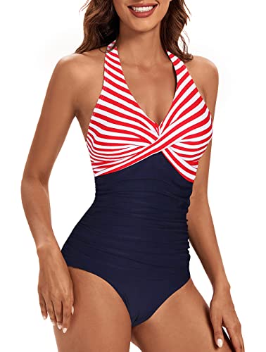 VILOREE Damen Badeanzug Einteiliger Bademode Schwimmanzug Neckholder V-Ausschnitt Rückenfrei Push Up Figurformend Bauchweg Rot Streifen L von VILOREE