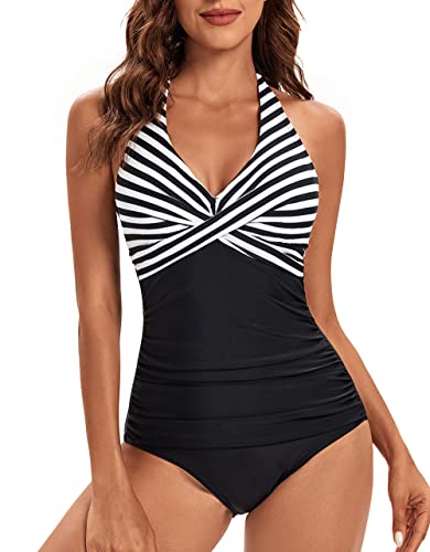 VILOREE Damen Badeanzug Einteiliger Bademode Schwimmanzug Neckholder V-Ausschnitt Rückenfrei Push Up Figurformend Bauchweg Schwarz Streifen XL von VILOREE