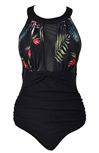 VILOREE Damen Schlankheits Badeanzug Raffung Einteiler High Neck Bademode Strandmode Blumen #2 XL von VILOREE