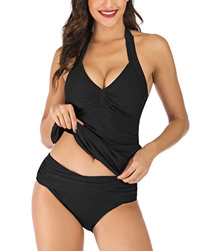 VILOREE Mode Damen Tankini Set Zweiteilige Bademode Badeanzug Nechholder Bauchweg Schwarz S von VILOREE