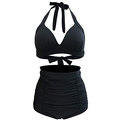 VILOREE Vintage 50s Damen Bademode Bikini Set Push Up Hoher Taille Neckholder Bauchweg Schwarz 3XL von VILOREE