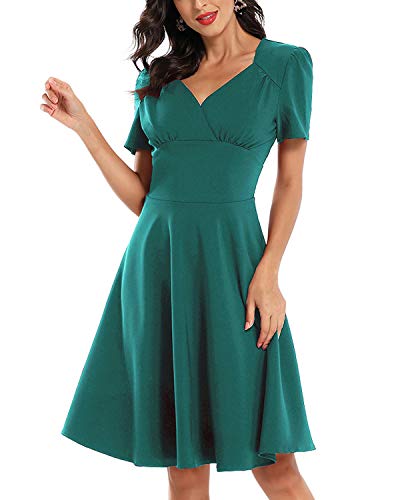 VILOREE Rockabilly Vintage Damen Swing Kleid Cocktailkleid V Ausschnitt Faltenrock Knielang Hell Grün S von VILOREE