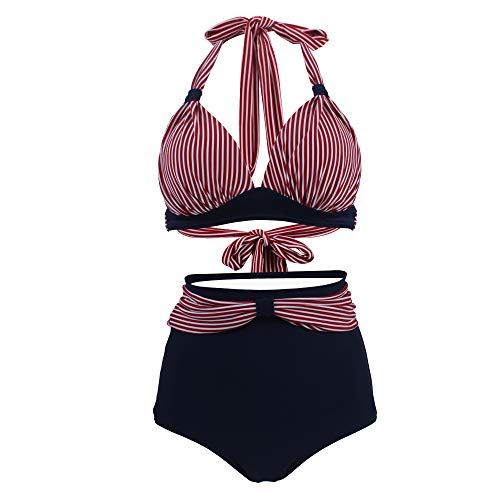 VILOREE Vintage 50s Damen Bademode Bikini Set Push Up Hoher Taille Neckholder Bauchweg Gestreift Top + Blau Shorts L von VILOREE