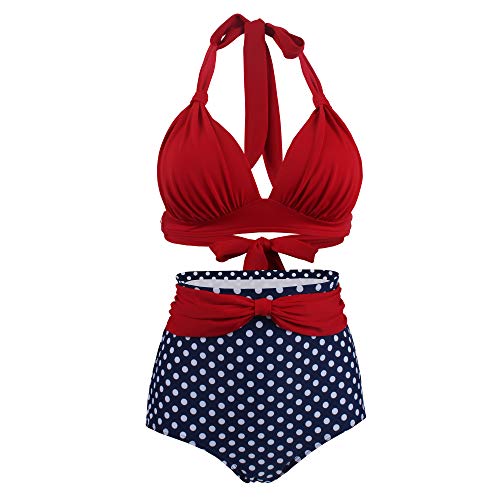 VILOREE Vintage 50s Damen Bademode Bikini Set Push Up Hoher Taille Neckholder Bauchweg Rot Top + Blau Pola Dots Shorts M von VILOREE