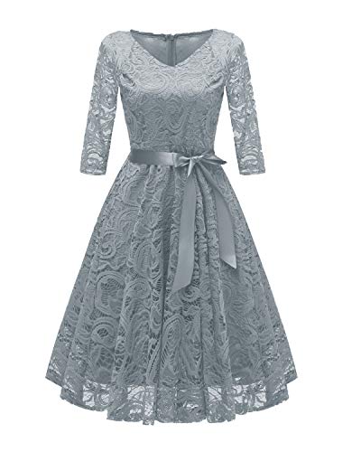 VILOREE Vintage 50s Rockabilly Damen Spitze Kleider 3/4 Ärmel Festlich Party A-Linie Airy Blau M von VILOREE