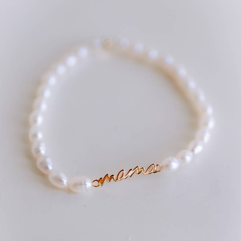 Mama Geschenk Perlen Armband Echtsüßwasserperlen 925 Silber 18K Vergoldet Schriftzug Personalisiert von mamacollectionDE