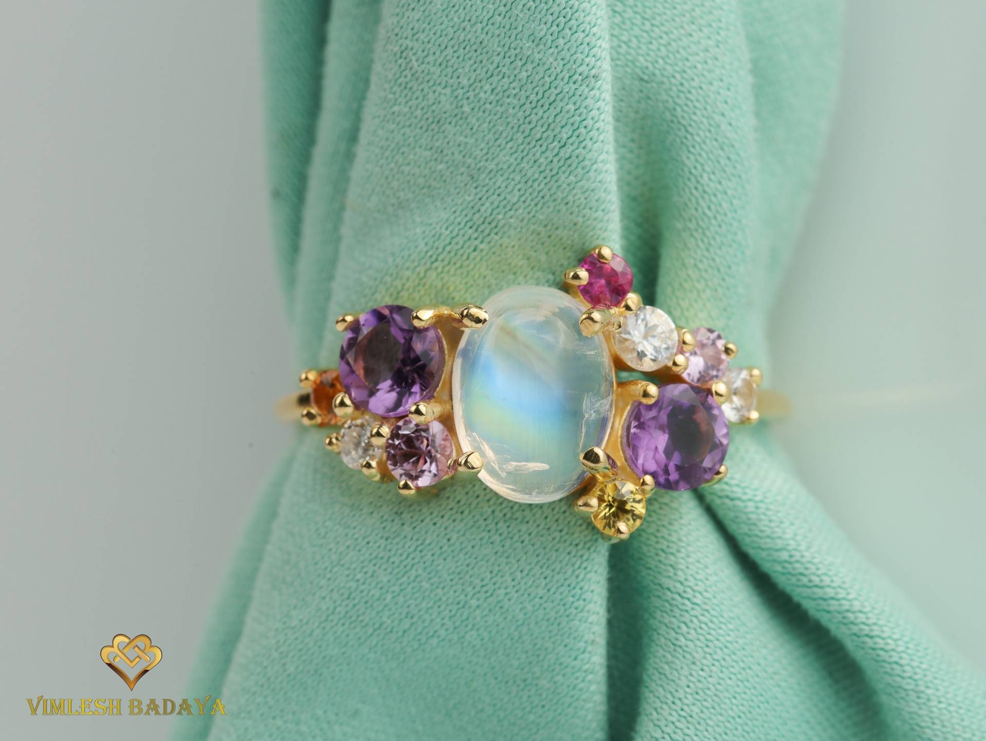 Mondstein Saphir Cluster Verlobungsring, Regenbogen Ring, Amethyst Juni Geburtsstein, Jahrestag Ring von VimleshBadaya