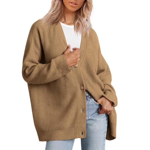 Vimlo 2024 Kaschmir-Cocoon-Cardigan for Damen, vorne offen, übergroßer Knopfpullover, V-Ausschnitt, lockerer Grobstrick-Cardigan-Mantel (Color : Camel, Size : L) von Vimlo