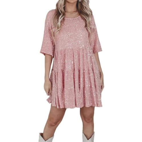 Vimlo Damen-Minikleid mit Glitzer, glitzernden Pailletten, Halbarm, hohe Taille, Kurze Kleider, abgestuftes Babydoll-Kleid, Party, Clubwear (Color : Pink, Size : M) von Vimlo