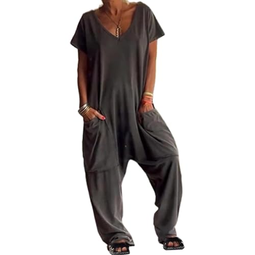 Vimlo Jumpsuits mit weitem Bein for Damen, kurzärmelig, V-Ausschnitt, lässig, locker, Sommer-Overall-Outfits mit Taschen(Dark Grey,M) von Vimlo