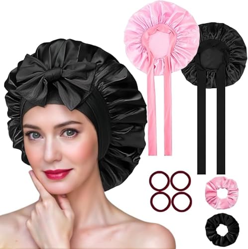 8 Stück Seidenhaube Zum Schlafen Mit 2 Stück Satin Haargummis Kommt Mit 6 Haarbändern, Seidenhaube Zum Schlafen Bonnet Satin Haarhaube Sleep Cap Schlafhaube für Damen und Mädchen(Schwarz,Rosa) von Vimmvid