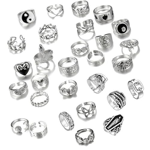 29 Stück Ringe Set, Y2k Accessoires Dekorieren Emo Accessoires, Ring Set Silber Männer Und Frauen Können Schmuck Tragen, Silver Neue Muster Schädel Blumen Schlangen Usw (Silbrig) von Vimmvid