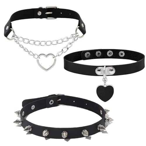 Vimmvid 3 Stück Choker Leder Damen Einstellbar Chocker Halskette Set mit Herz Anhänger, Schwarz Gotik Punk Lederhalsband Choker Accessoires Gothic Halsband Kragen für Frauen Zubehör von Vimmvid